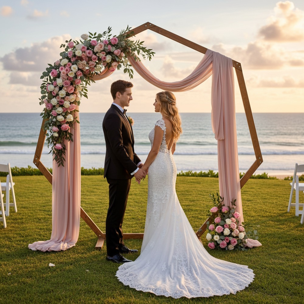 Florist Supp - Hölzerner Hochzeitsbogen-Windfester Polygonaler Hochzeits-Hintergrundständer für Outdoor-Gartenhochzeiten