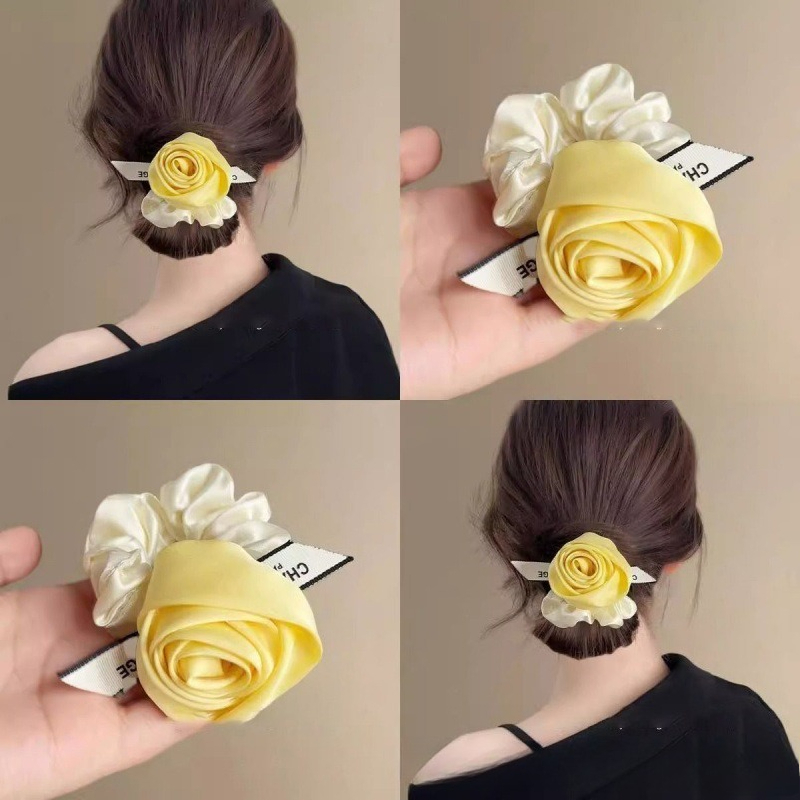 Ribbon Wired Satin - Satin-Rosenblüten-Haargummi mit Schleifen-Dekor, Elastisches Seiden-Haarband, Elegantes